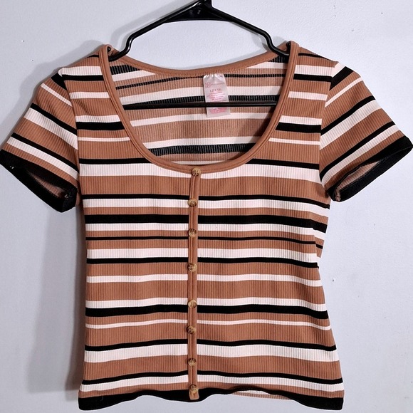 No Boundaries Ribbed Striped Button Front Scoop Neck Top Brown White L 11-13 - Picture 2 of 5